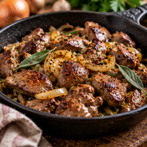 Кулинарная иллюстрация: Куриная печень с луком и шалфеем: пряность, которой нужна маленькая щепотка