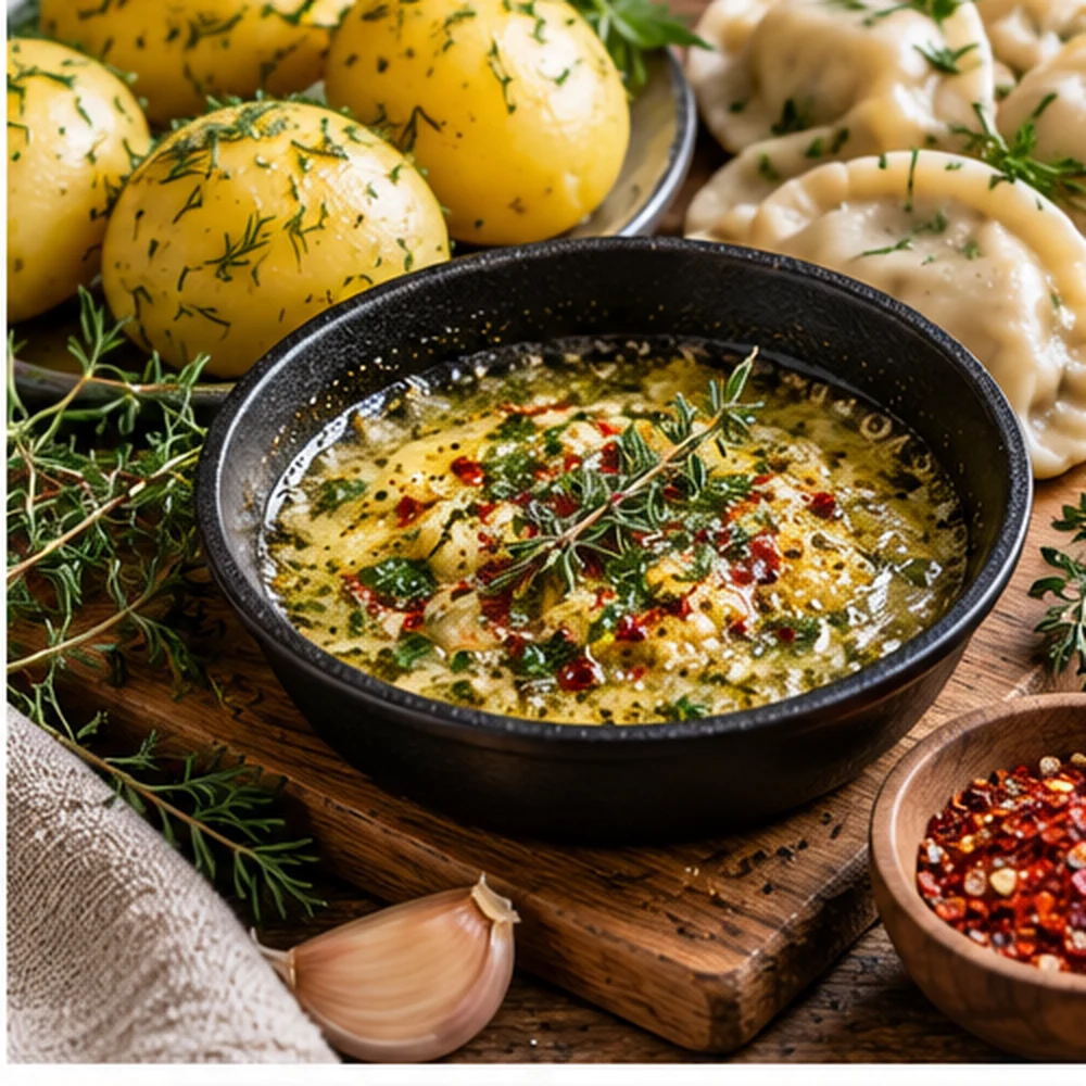 Фотореалистичная иллюстрация: Пряное сливочное масло к картофелю и пельменям: чили и тимьян