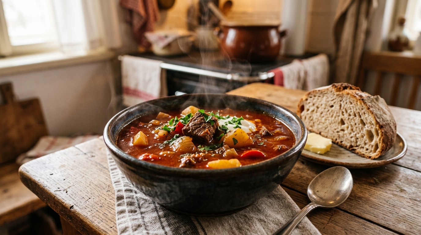Густой мясной гуляш с паприкой и картофелем