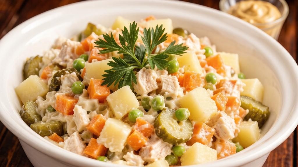 Салат Оливье классический — картофель, морковь, горошек, огурцы, майонез